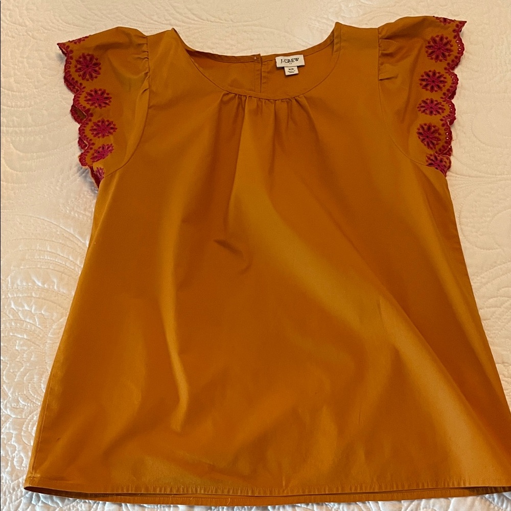 J. Crew Mustard Blouse with Pink Embroidered Sleeves